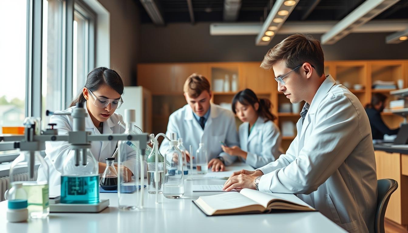 Students studying together in modern classroom